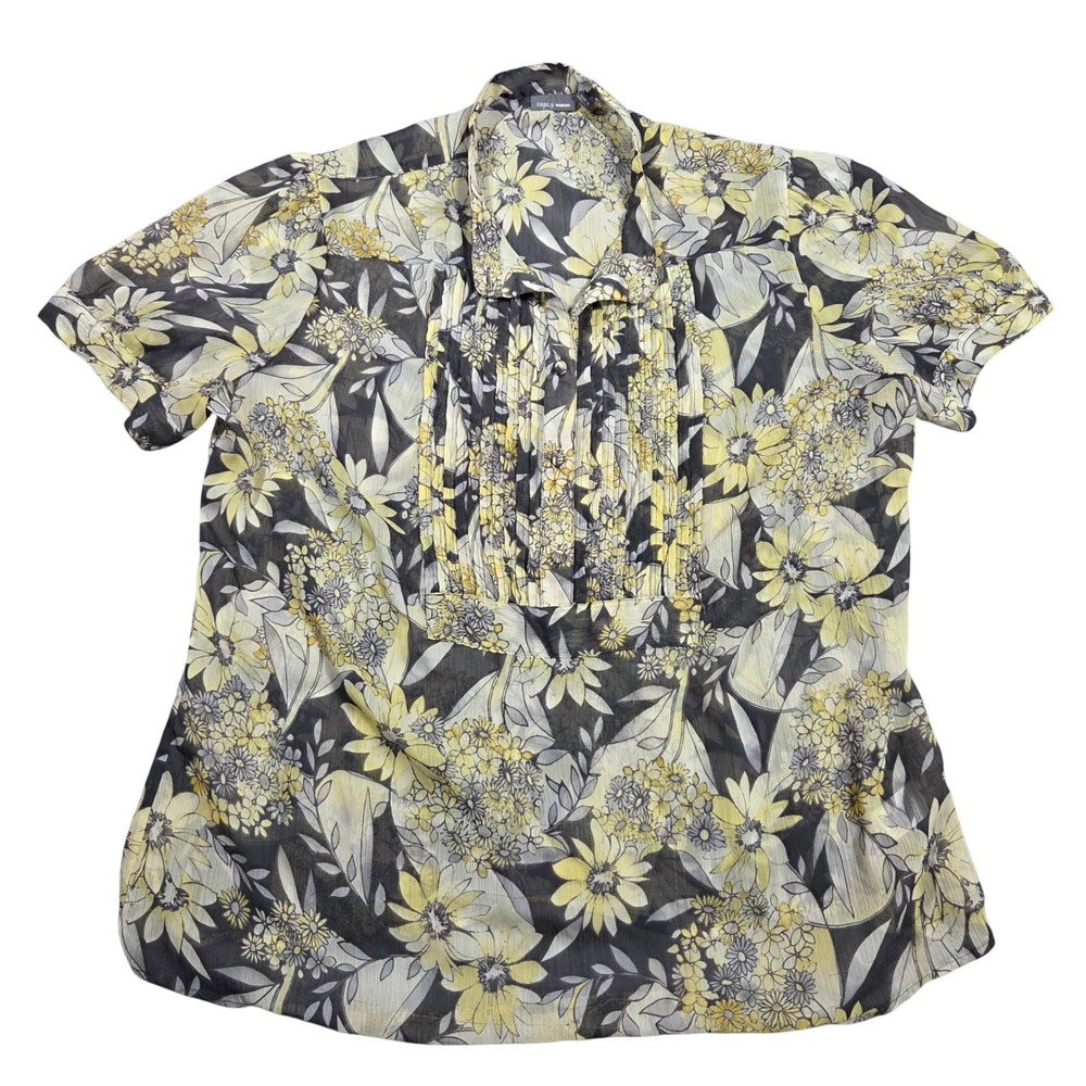 Apt 9 Women 2X Yellow Floral Pintuck Pleated Sheer Button Up Blouse Short Sleeve